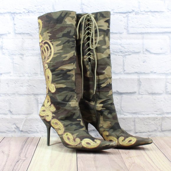 Akademiks Embroidered Camo Knee High Heeled Boots Size 10 - Picture 3 of 15